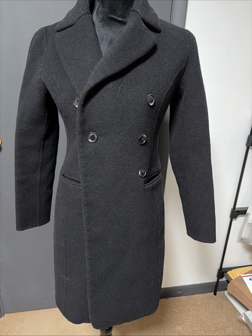 contemporary double-breasted wool overcoat by FrontRow